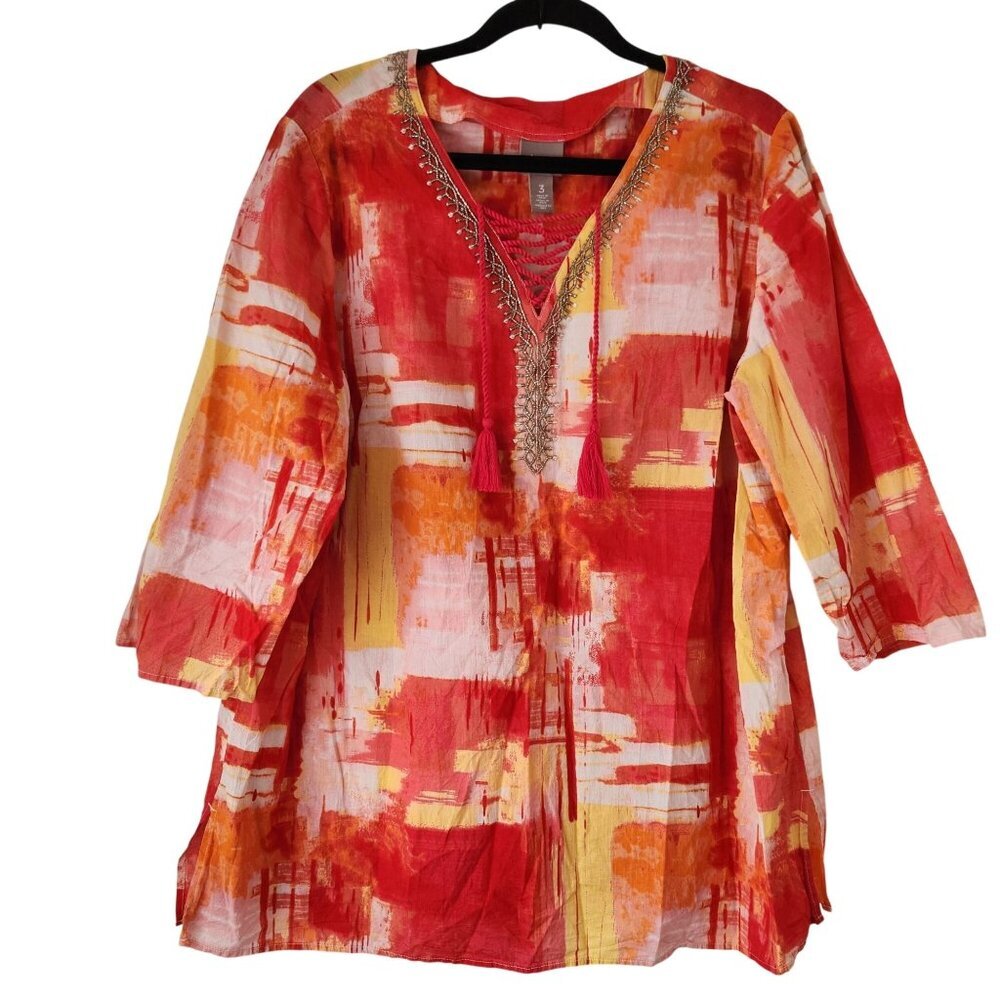 Chico's Beaded Tunic Shirt Blouse Red Orange Artsy Kaftan Women's XL (3)
